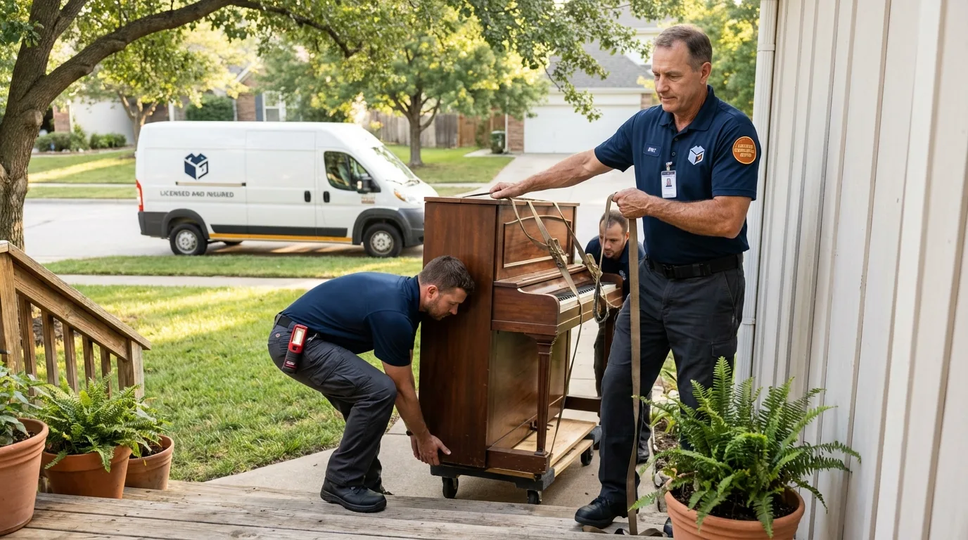 Licensed piano movers securing grand piano in Becker, MN
