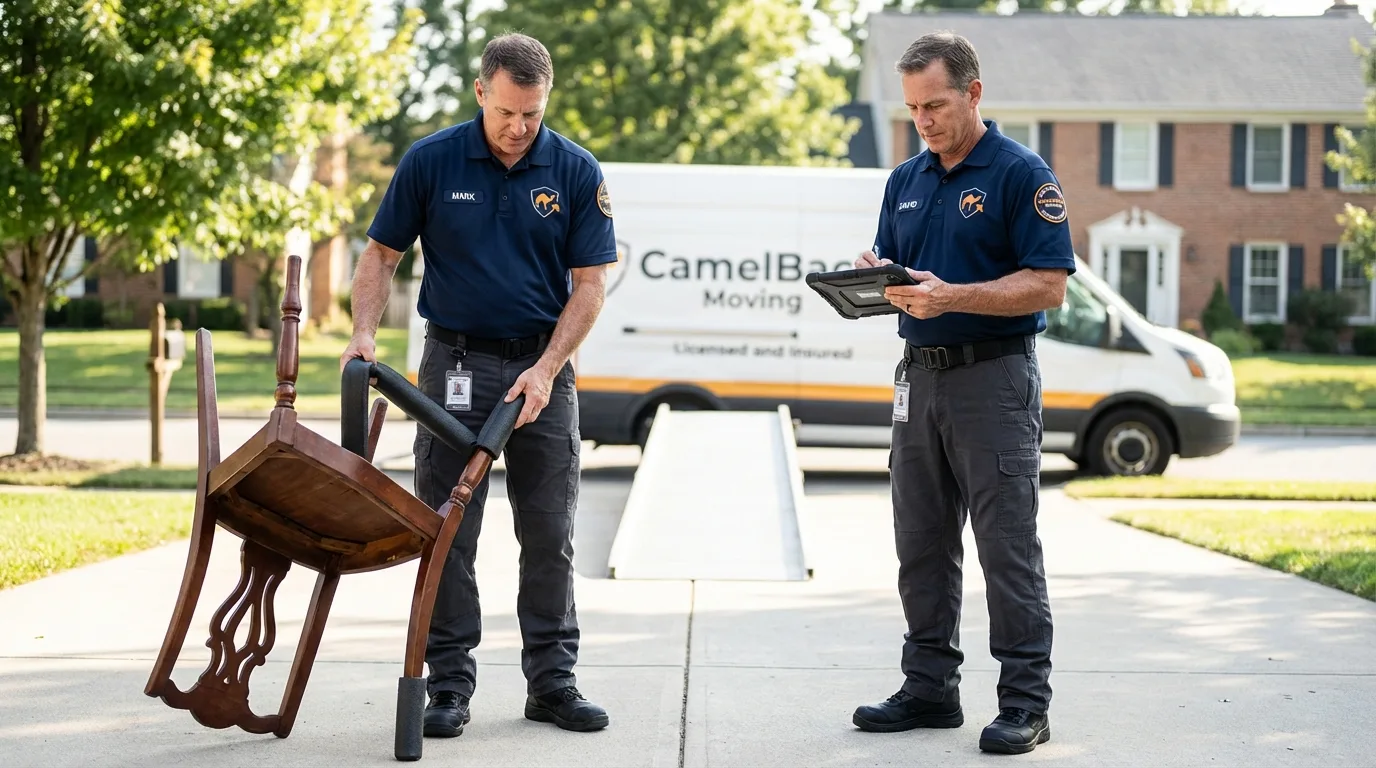 Movers inspecting furniture for damage prevention before loading in Becker, MN