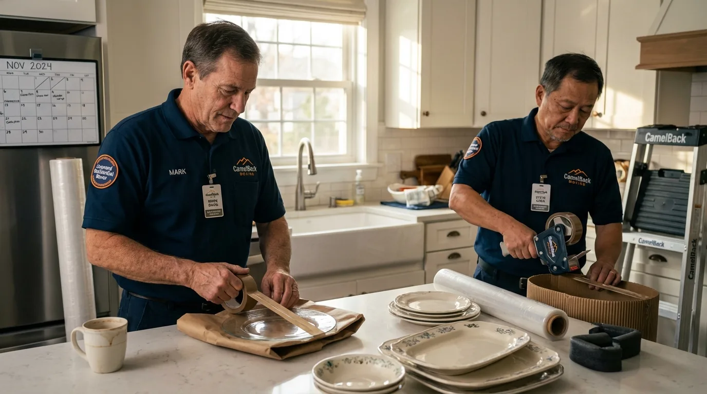 Professional crew packing kitchen dishware in Becker, MN